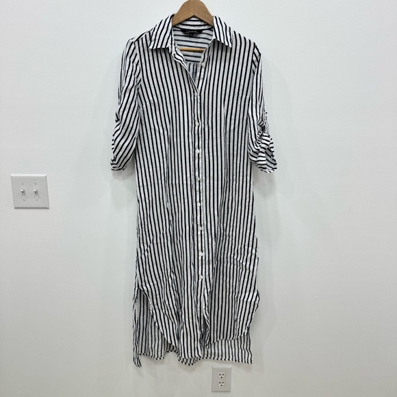 Charlie B Linen Shirt Dress Navy White striped women’s Sz Small Petite coastal - Picture 1 of 6